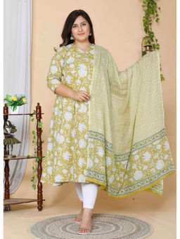 Doriyaan - Womens Floral Print Cotton Yellow Angarkha Kurta and with Dupatta