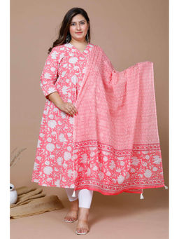 Doriyaan - Womens Plus Size Pink Floral Print Anarkali Kurta with Dupatta
