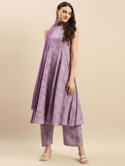 Varanga - Women Lavender Bandhani Printed Anarkali Kurta Paired with Tonal Bottom
