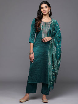 Varanga - Women Turquoise Blue Zari Kurta with Tonal Bottom and Dupatta