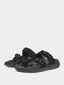 Styli - Men Black Double Strap Buckle Toe Ring Sandals