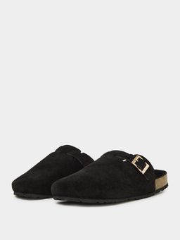 Styli - Men Black Solid Buckle Strap Suede Mules