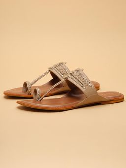 ERIDANI - Women Azira Beige Embellished Flat Toe-Ring Kolhapuris