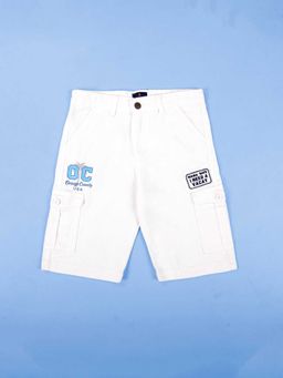 KiddoPanti - Boys Knee Length Denim Cargo Shorts With Badges and Prints