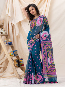 Angoshobha - Traditional Pink & Navy Blue Soft Dhakai Jamdani Saree with Unstitched Blouse