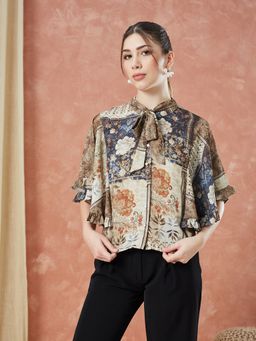 Latin Quarters - Beige Half Sleeves Printed Casual Top
