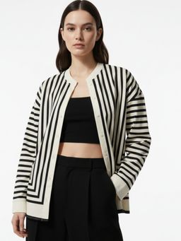 Outzidr - Beige Flowy Striped Scarf Top