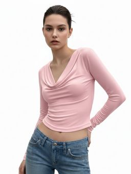 Outzidr - Pink Cowl Neck Fitted Top