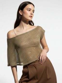 Outzidr - Beige Off-Shoulder Shimmer Sheer Top