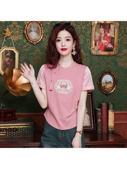 PARTIQ - Pink Chinese Style Pearl Button New Chinese Style Short-Sleeved T-Shirt for Women