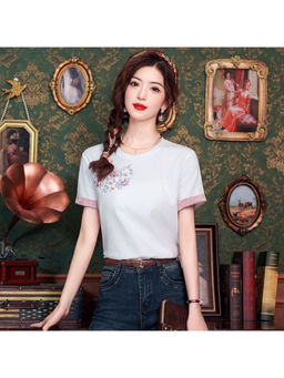 PARTIQ - White New Chinese Round Neck T-Shirt for Women