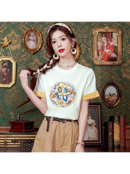 PARTIQ - White Contrast Color Pure Cotton Straight Shoulder Short Sleeve T-Shirt