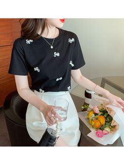 PARTIQ - Black Sweet White Short-Sleeved T-Shirt for Women