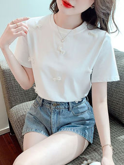 PARTIQ - White Sweet Short-Sleeved T-Shirt for Women