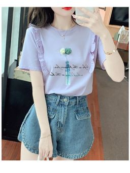 PARTIQ - Lavender Korean Round Neck Short Sleeve Printed T-Shirt