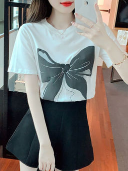 PARTIQ - White Sweet and Cool Style Bow Short-Sleeved T-Shirt