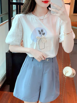 PARTIQ - White Splicing Bowknot Printed T-Shirt