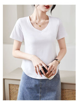 PARTIQ - White Women's Short Sleeve V-Neck T-Shirt