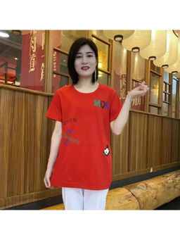 PARTIQ - Red Summer New Round Neck Mid-Length T-Shirt