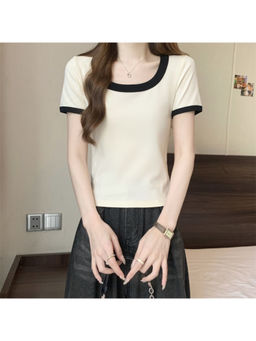 PARTIQ - Beige Pure Cotton Short-Sleeved T-Shirt Women's Collar Contrasting