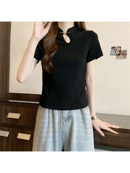 PARTIQ - Black Cotton Short-Sleeved Solid T-Shirt