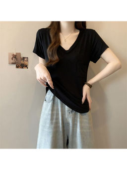 PARTIQ - Black Cotton Summer V-Neck Pocket Short Sleeve T-Shirt