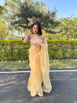 Odette - Yellow Organza Embroidered Saree with Unstitched Blouse
