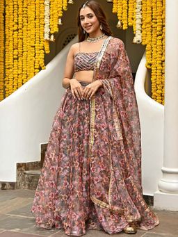 Lavanya The Label - Grey Organza Floral Printed Lehenga (Set of 3)