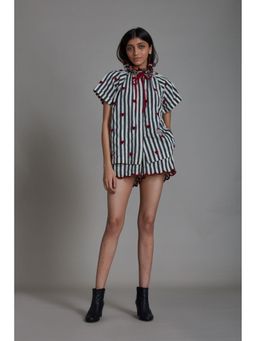Mati - Stripe Tora Shirt and Scallop Shorts - Black with Red Heart (Set of 2)