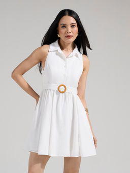 Twenty Dresses by Nykaa Fashion - White Collared Sleeveless Fit and Flare Mini Dress with Belt
