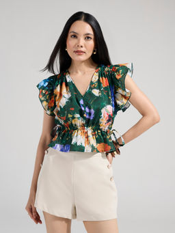 Twenty Dresses by Nykaa Fashion - Multicolor Floral V Neck Ruffled Sleeves Peplum Top