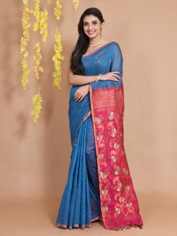 CHARUKRITI - Sapphire Blue Tissue Handwoven Floral Designs & Motifs Saree with Unstitched Blouse
