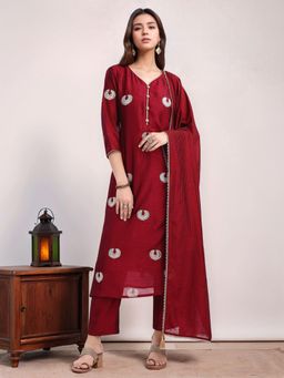 Gahan - Womens Silk Blend Embroidered A-Line Kurta with Pant and Dupatta