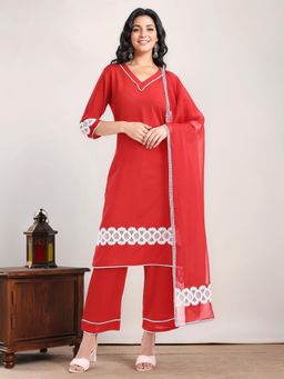 Gahan - Womens Viscose Rayon Solid Straight Lace Detailing Kurta with Pant and Dupatta