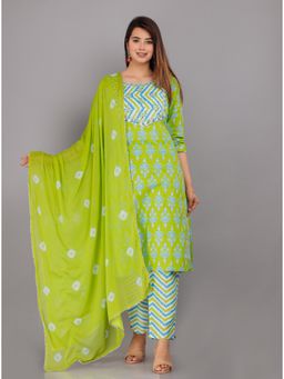Gahan - Womens Cotton Green Round Neck Kurta & Pant with Dupatta