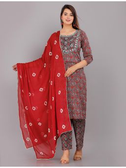 Gahan - Womens Cotton Maroon Round Neck Kurta & Pant with Dupatta