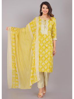 Gahan - Womens Yellow Cotton Kurta with Pant & Dupatta