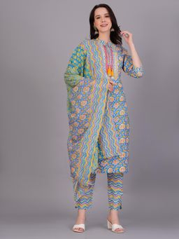 Gahan - Womens Blue Cotton Kurta with Pant & Dupatta