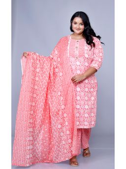 Gahan - Womens Peach Cotton Round Kurta with Pant & Dupatta