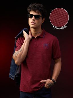 The Souled Store - Maroon Embroidered Casual Regular Collar Neck Polo T-Shirt