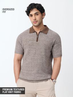 The Souled Store - Brown Textured Casual Oversized Collar Neck Polo T-Shirt