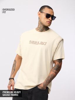 The Souled Store - Cream Embroidered Casual Oversized Round Neck T-Shirt