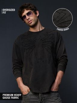 The Souled Store - Charcoal Embroidered Casual Oversized Round Neck T-Shirt