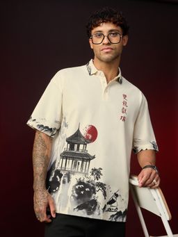 The Souled Store - Cream Character Casual Oversized Collar Neck Polo T-Shirt