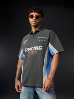 The Souled Store - Grey Typography Casual Oversized Collar Neck Polo T-Shirt