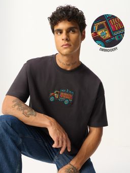 The Souled Store - Charcoal Embroidered Casual Oversized Round Neck T-Shirt