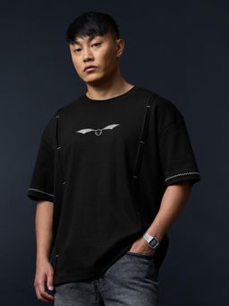 The Souled Store - Black Embroidered Casual Oversized Round Neck T-Shirt