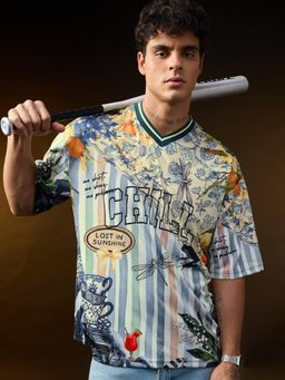 The Souled Store - Multi-Color Graphic Casual Oversized V-Neck T-Shirt