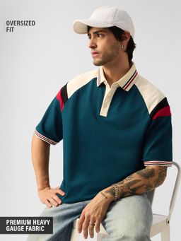 The Souled Store - Teal Colorblock Casual Oversized Collar Neck Polo T-Shirt