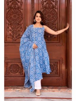 POMCHA - Kapaas Blue Bandhej Sleeveless Kurta with Pant and Dupatta (Set of 3)